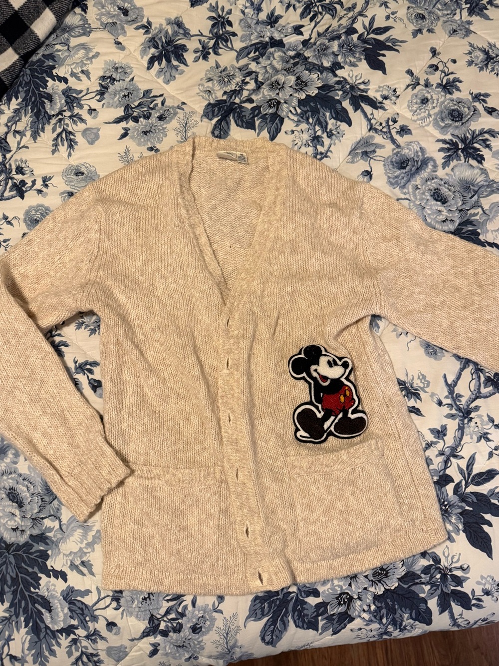 Vintage Beige Women’s Cardigan with Mickey Patch